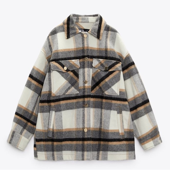 Zara Wool Blend Plaid Shacket Oversized Shirt Jacket Blogger Favorite Medium - Picture 5 of 10